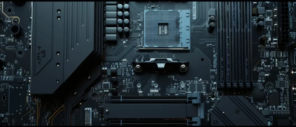 płyta główna komputera z gniazdem procesora i slotami RAM zbliżenie