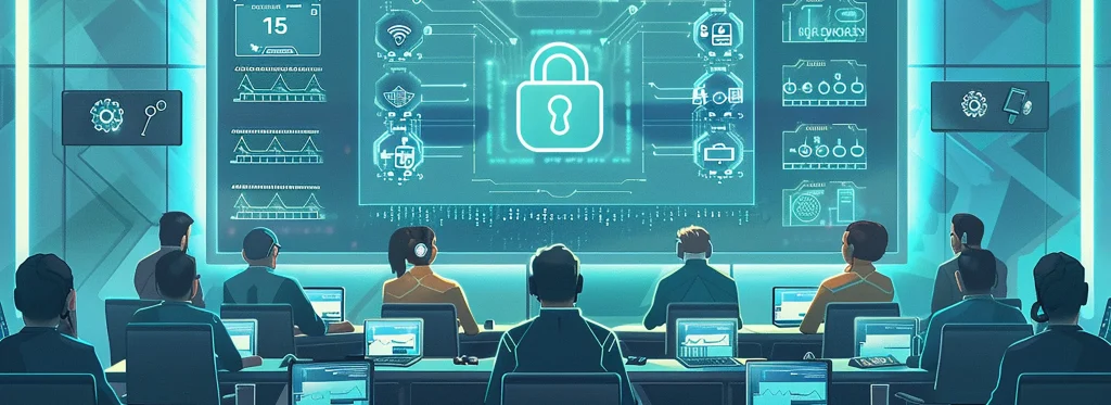 Zespół specjalistów IT pracujący przy komputerach w centrum operacji bezpieczeństwa (SOC), monitorujący na dużym ekranie dane i wykresy związane z cyberbezpieczeństwem oraz ikonę kłódki symbolizującą ochronę danych.