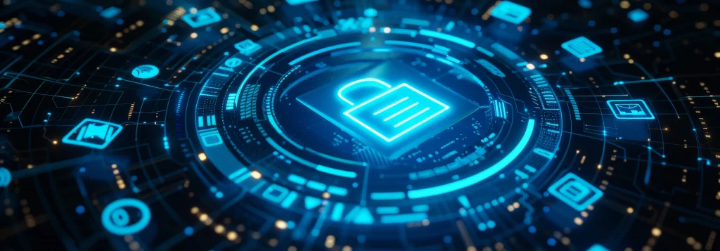 Futurystyczna grafika przedstawiająca cyfrową kłódkę otoczoną interfejsem technologii i sieci danych, symbolizującą cyberbezpieczeństwo, szyfrowanie i ochronę informacji w systemach IT.