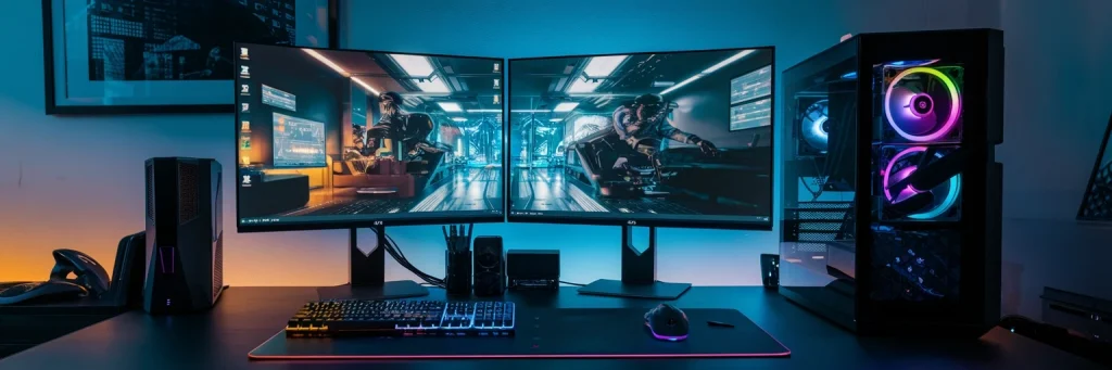Gamingowe stanowisko komputerowe z dwoma monitorami, podświetlaną klawiaturą RGB, myszką oraz nowoczesną obudową PC z wentylatorami LED w futurystycznym wnętrzu.