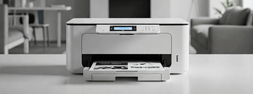 Drukarka atramentowa na biurku drukująca dokumenty w nowoczesnym, jasnym wnętrzu biurowym.