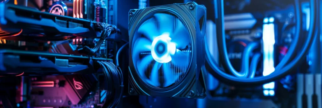 Wnętrze komputera gamingowego z podświetleniem RGB – chłodzenie cieczą, wentylator CPU oraz karta graficzna w obudowie PC.