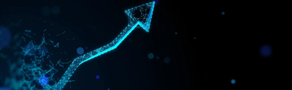 Abstrakcyjna strzałka wzrostu złożona z punktów i linii w stylu technologii cyfrowej, symbolizująca rozwój biznesu, analizę danych i wzrost SEO na ciemnym tle