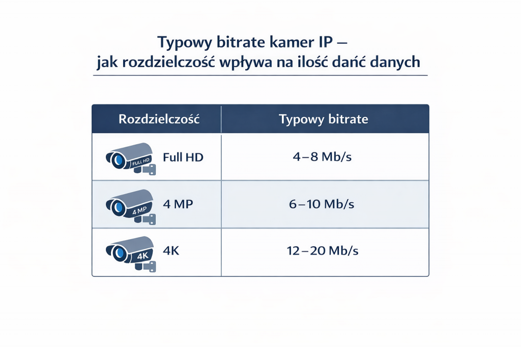 typowy bitrate kamer IP full hd 4k tabela monitoringu