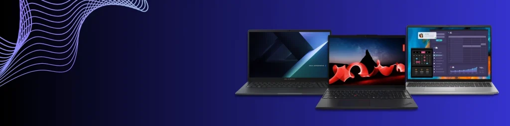 Trzy nowoczesne laptopy prezentujące różne zastosowania – biznes, kreatywność i analitykę danych – na tle gradientowego niebieskiego tła z abstrakcyjnym wzorem fal