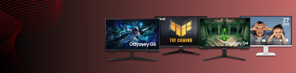 Cztery monitory komputerowe – Samsung Odyssey G5, ASUS TUF Gaming, Odyssey G4 oraz monitor do codziennego użytku – prezentujące gaming i multimedia na tle czerwonego gradientu