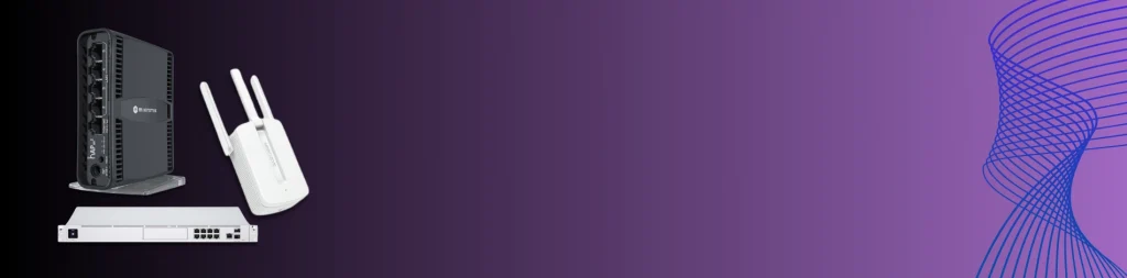 Urządzenia sieciowe: router Wi-Fi z antenami, przełącznik sieciowy oraz serwer NAS na tle fioletowego gradientu z abstrakcyjną linią falową