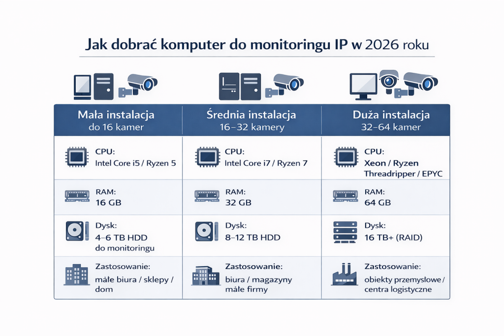 Jak dobrać komputer do monitoringu IP w 2026 roku – przykładowe konfiguracje