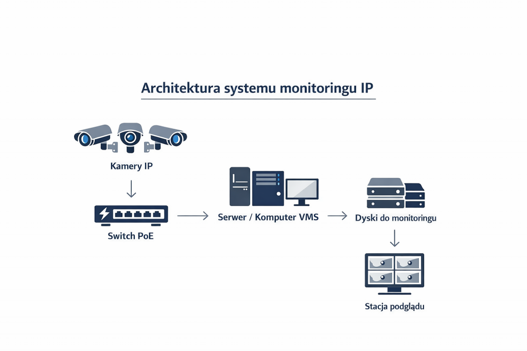 Schemat architektury systemu monitoringu IP: kamery IP podłączone do switcha PoE, serwer VMS z dyskami do monitoringu oraz stacja podglądu.