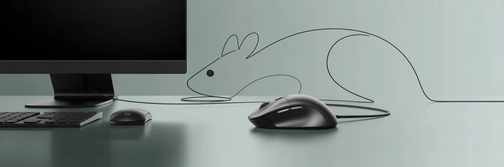 Przewodowa mysz komputerowa na biurku obok monitora i klawiatury, z minimalistyczną ilustracją myszy w tle – nowoczesne stanowisko pracy.