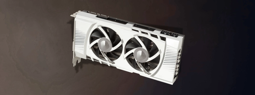 Biała karta graficzna z podwójnym wentylatorem na ciemnym tle, komponent komputerowy GPU.