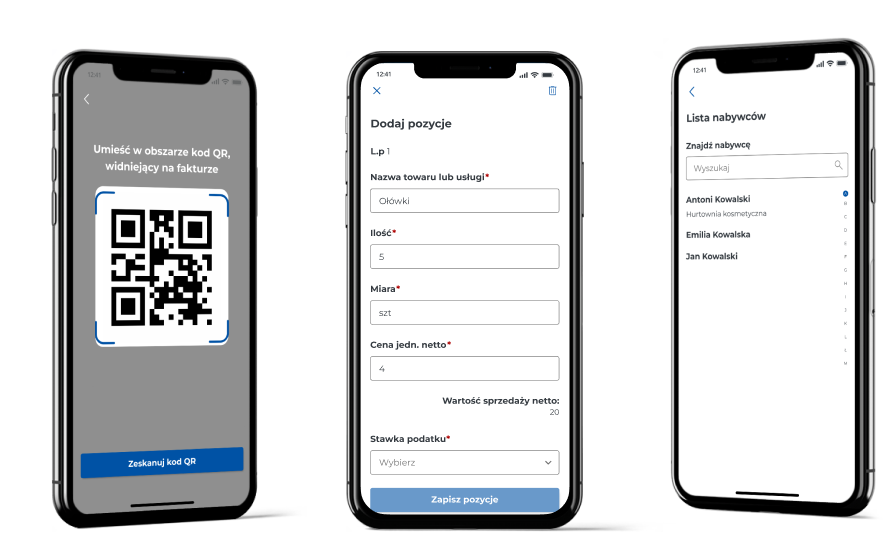 Ekrany aplikacji mobilnej KSeF pokazujące skanowanie kodu QR na fakturze, dodawanie pozycji do e-faktury oraz listę nabywców w systemie Krajowego Systemu e-Faktur