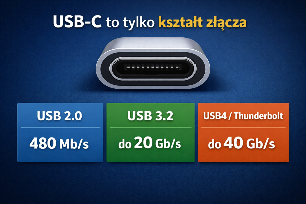 USB-C to kształt złącza – porównanie standardów USB 2.0, USB 3.2 i USB4 Thunderbolt