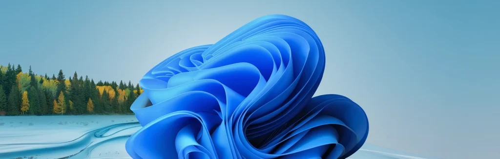 Abstrakcyjna niebieska forma 3D przypominająca falujące wstęgi na tle spokojnego krajobrazu z jeziorem i lasem – nowoczesna grafika w stylu Windows 11
