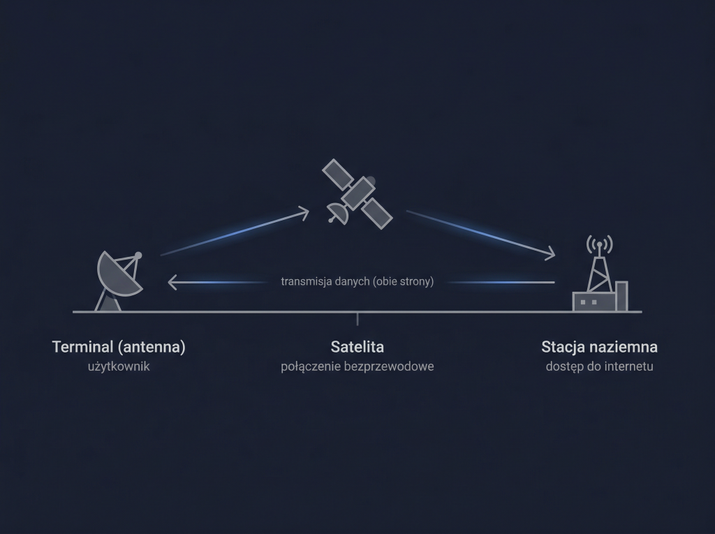 Jak działa internet satelitarny – schemat połączenia terminal–satelita–stacja naziemna Schemat działania internetu satelitarnego z terminalem użytkownika, satelitą i stacją naziemną oraz dwukierunkową transmisją danych