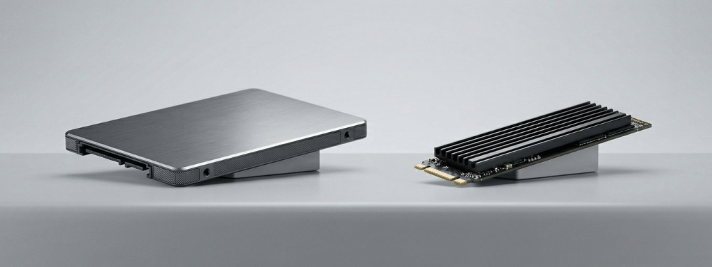 Porównanie dysku SATA SSD i dysku NVMe M.2 – różnice w budowie i formacie nośników danych.