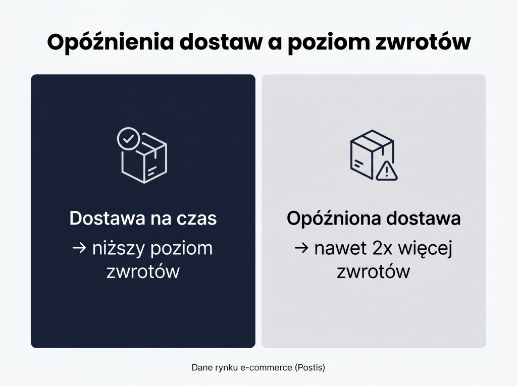 Opóźnienia dostaw a wzrost zwrotów w e-commerce Wpływ opóźnionych dostaw na poziom zwrotów – nawet dwukrotnie wyższy wskaźnik zwrotów przy opóźnieniach