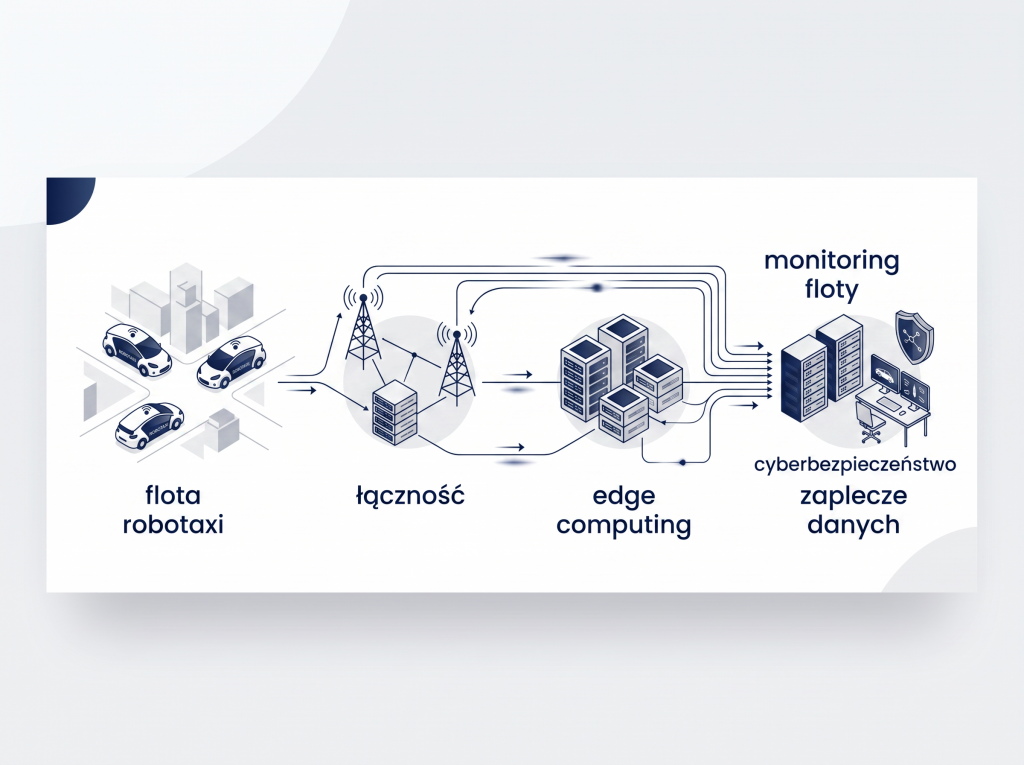 Infrastruktura IT dla robotaxi i samochodów autonomicznych Schemat infrastruktury IT dla robotaxi, obejmujący łączność, edge computing, monitoring floty, cyberbezpieczeństwo i zaplecze danych