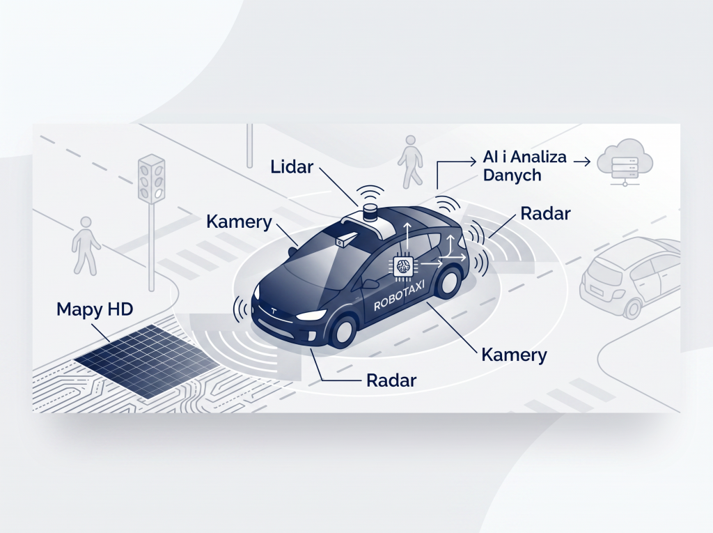 Jak działają samochody autonomiczne – sensory, lidar, radar i AI Infografika pokazująca działanie samochodu autonomicznego z kamerami, radarem, lidarem, mapami HD i analizą danych AI