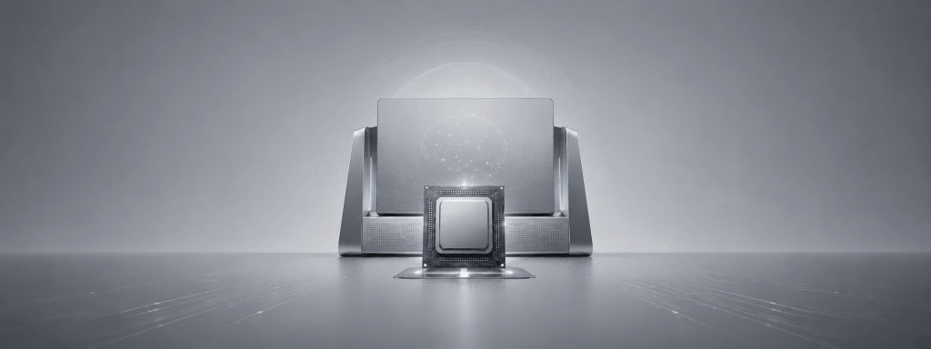 Procesor na tle komputera i motywu sztucznej inteligencji jako ilustracja nowych architektur CPU, AI PC i workstation