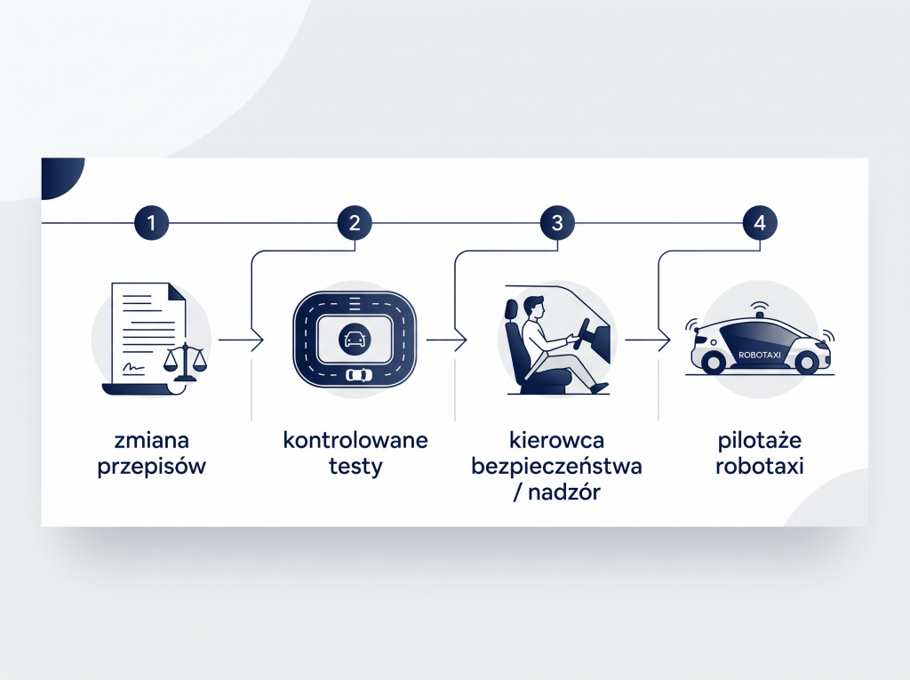 Samochody autonomiczne w Polsce – przepisy i testy pojazdów zautomatyzowanych Schemat pokazujący drogę od zmian w przepisach do testów samochodów autonomicznych i pilotaży robotaxi w Polsce