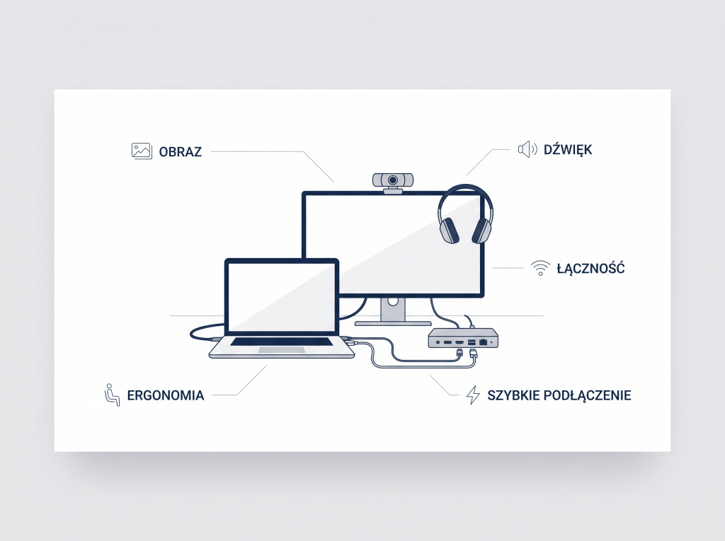 Stanowisko pracy hybrydowej bez frustracji Infografika pokazująca elementy dobrego stanowiska pracy hybrydowej: obraz, dźwięk, łączność, ergonomię i szybkie podłączenie