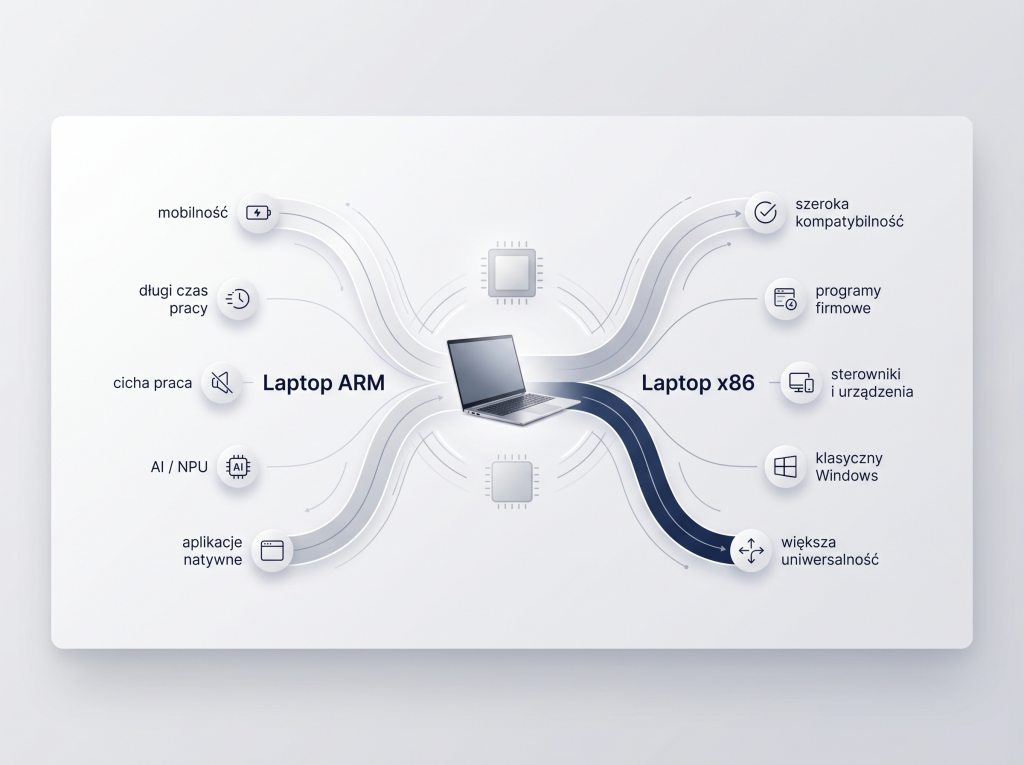 Laptop ARM czy x86 – wybór procesora do laptopa Infografika pokazująca wybór między laptopem ARM a klasycznym laptopem x86