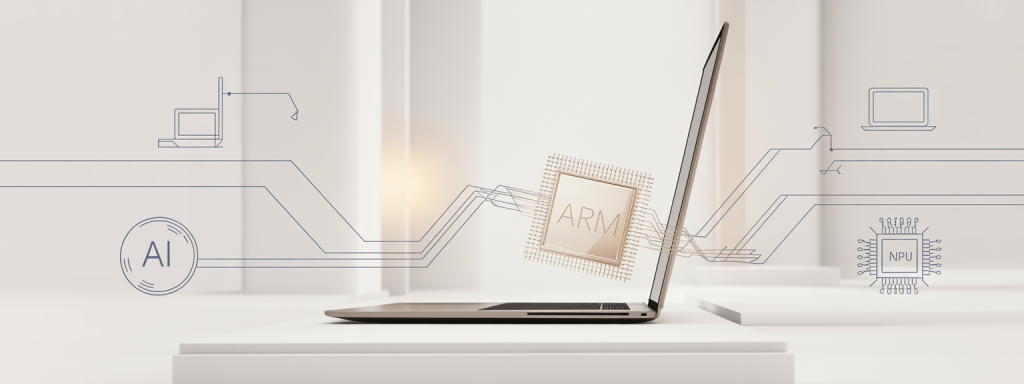 Minimalistyczna grafika przedstawiająca laptop ARM do artykułu o Windows on Arm i laptopach ze Snapdragonem