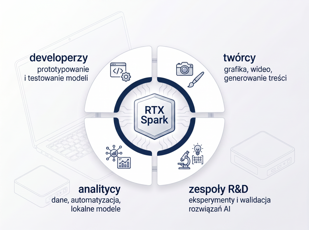 RTX Spark – zastosowania dla developerów, twórców i analityków Infografika pokazująca zastosowania RTX Spark dla developerów, twórców, analityków i zespołów R&D pracujących z AI