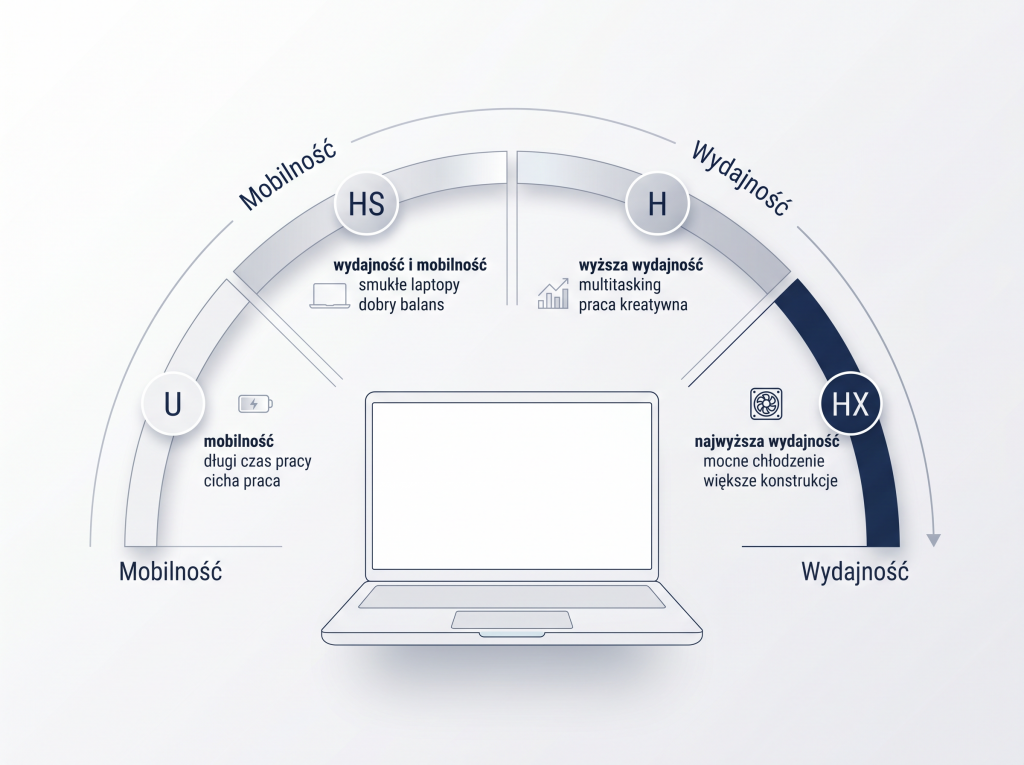 Oznaczenia procesorów AMD w laptopach – U, HS, H i HX Infografika wyjaśniająca oznaczenia U, HS, H i HX w procesorach AMD do laptopów