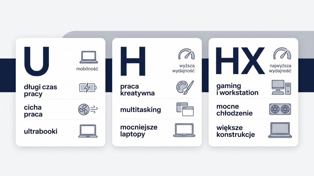 Oznaczenia procesorów Intel w laptopach – U, H i HX Infografika wyjaśniająca oznaczenia U, H i HX w procesorach Intel do laptopów