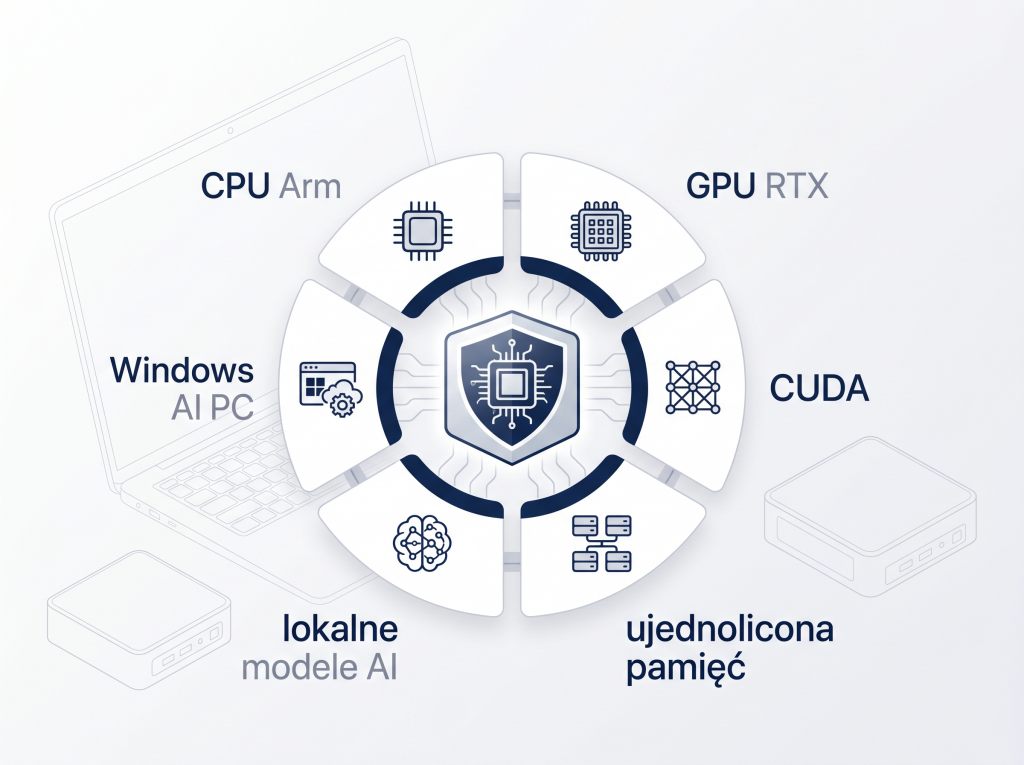 RTX Spark jako zintegrowana platforma AI PC Schemat platformy NVIDIA RTX Spark z CPU Arm, GPU RTX, CUDA, ujednoliconą pamięcią i lokalną AI
