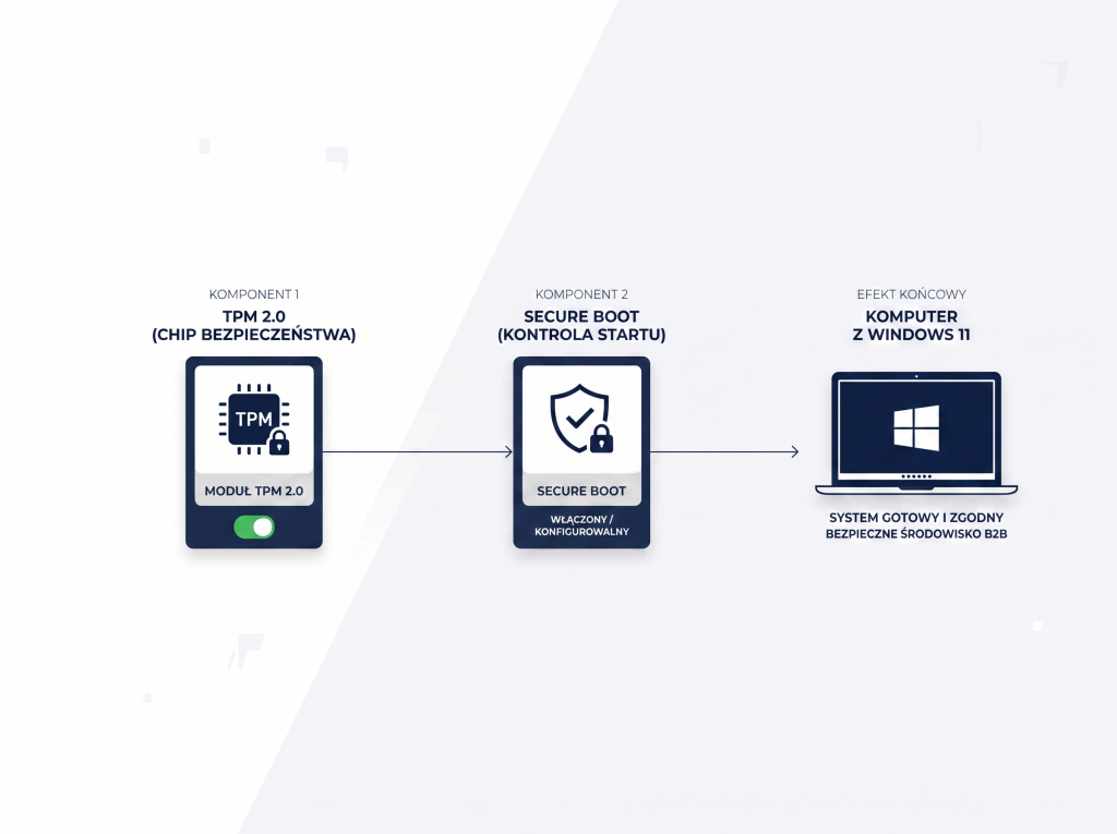 TPM 2.0, Secure Boot i Windows 11 - schemat Schemat pokazujący związek TPM 2.0, Secure Boot i Windows 11.