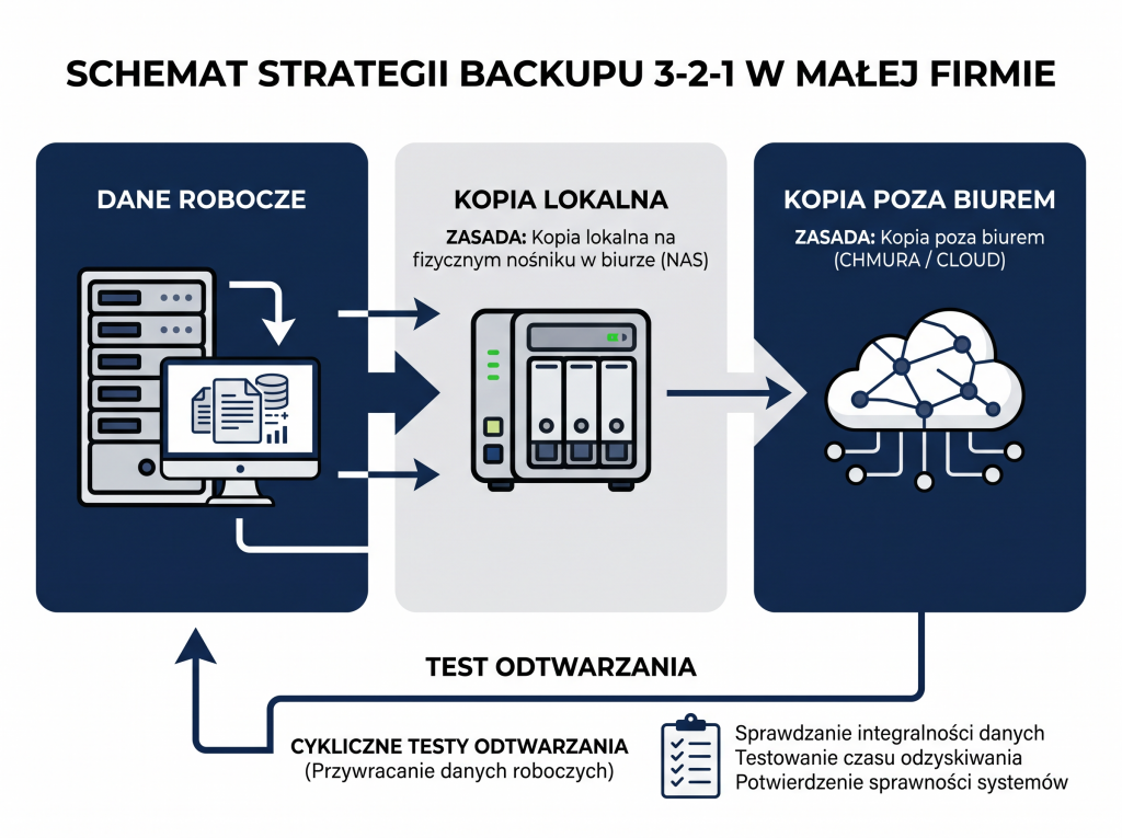 Schemat backupu 3-2-1 z kopią lokalną, kopią na NAS i kopią w chmurze.