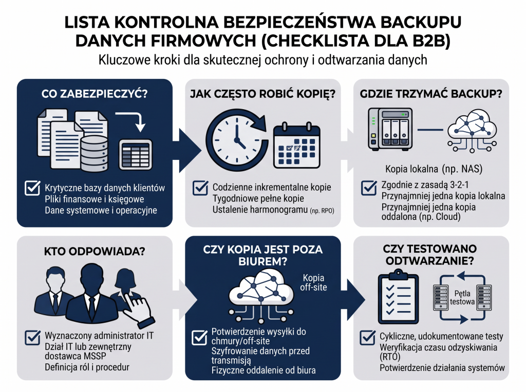 Checklista elementów, które warto sprawdzić przy planowaniu backupu danych firmowych.