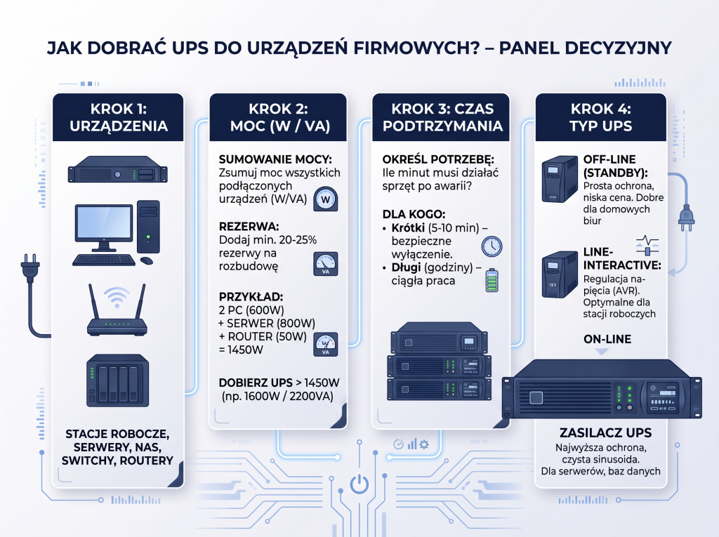 Jak dobrać UPS - moc, VA, W i czas podtrzymania