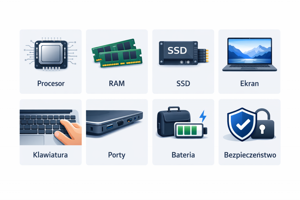 Laptop do pracy — checklista parametrów Infografika z checklistą parametrów laptopa do pracy: procesor, RAM, SSD, ekran, porty i Windows 11 Pro