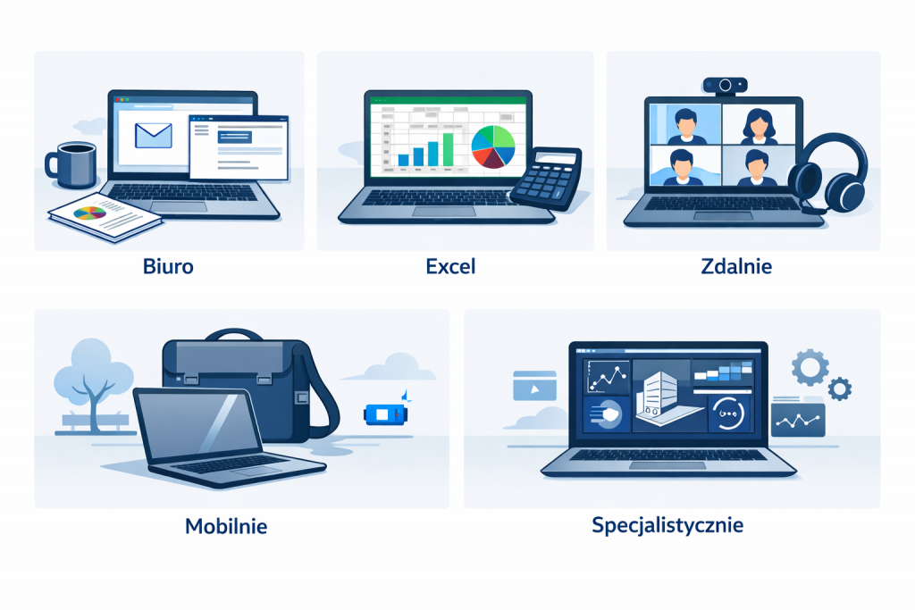 Laptop do pracy — scenariusze zastosowań Grafika pokazująca różne zastosowania laptopa do pracy biurowej, zdalnej, mobilnej i specjalistycznej