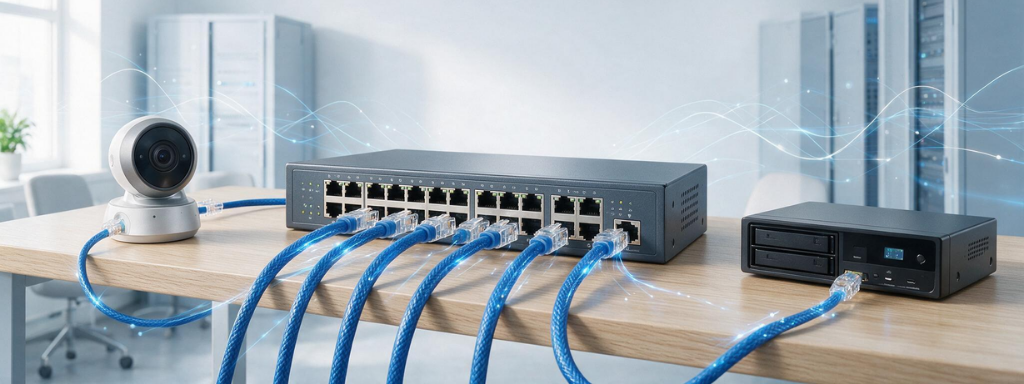 Switch PoE podłączony do kamery IP, access pointa i rejestratora monitoringu