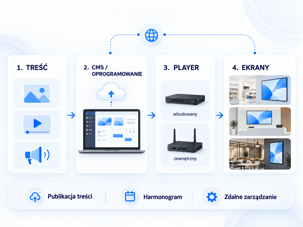 Jak działa system Digital Signage? Schemat działania systemu Digital Signage z CMS, odtwarzaczem i ekranami