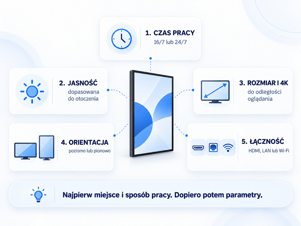 Jak wybrać monitor Digital Signage? Najważniejsze parametry monitora Digital Signage: czas pracy, jasność, rozmiar, orientacja i łączność